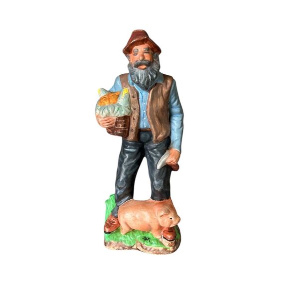 Hand Painted Old Farmer Man and Pig Ceramic Figurine - Picture 1 of 7